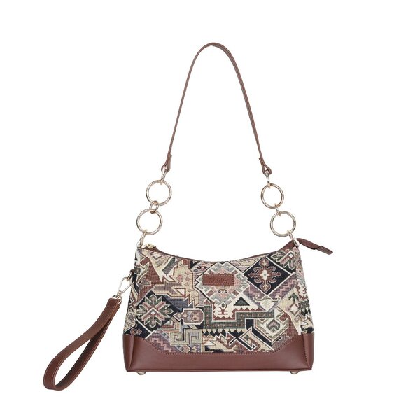 Women’s Geometric Pattern Tapestry Fabric Sling Shoulder Bag, Satchel Purse - Picture 1 of 8